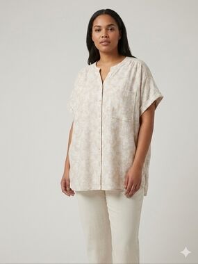 ​FarWest Linen Blend Leaf Print Button Front Top NWT XXL Coastal Airy Resortwear